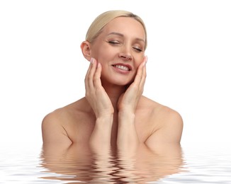 Image of Beautiful woman with perfect skin against white background. Her reflection in rippled water