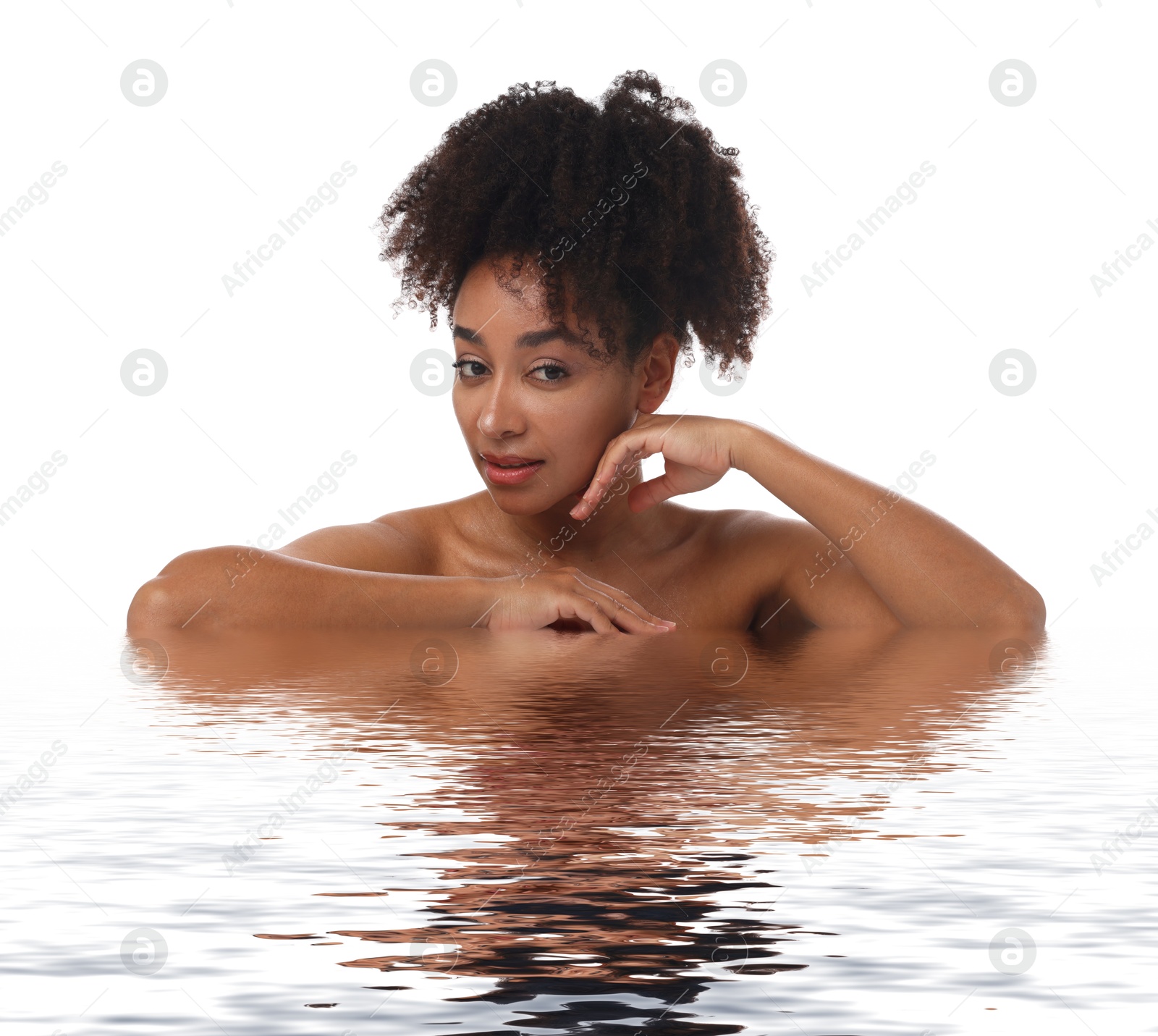 Image of Beautiful woman with perfect skin against white background. Her reflection in rippled water