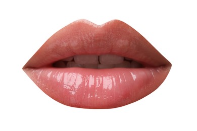 Image of Beautiful female lips with lipgloss isolated on white