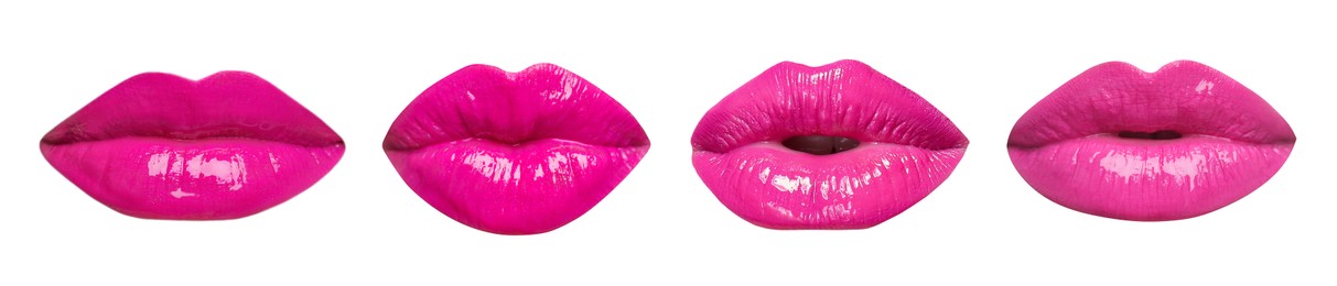 Image of Female lips with bright magenta lipstick isolated on white, collage