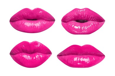 Image of Female lips with bright magenta lipstick isolated on white, collage
