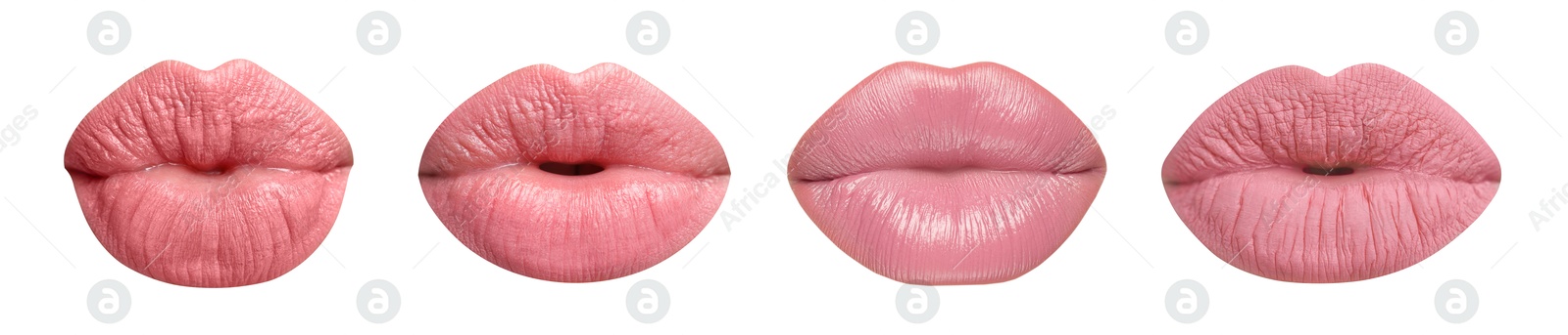 Image of Female lips with pink lipstick isolated on white, collage