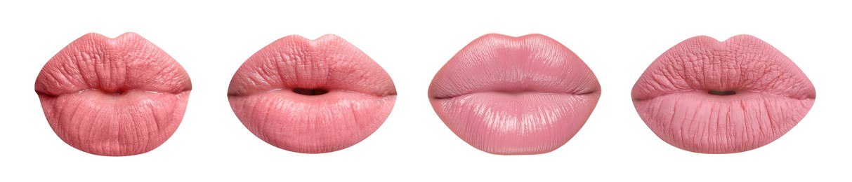 Image of Female lips with pink lipstick isolated on white, collage