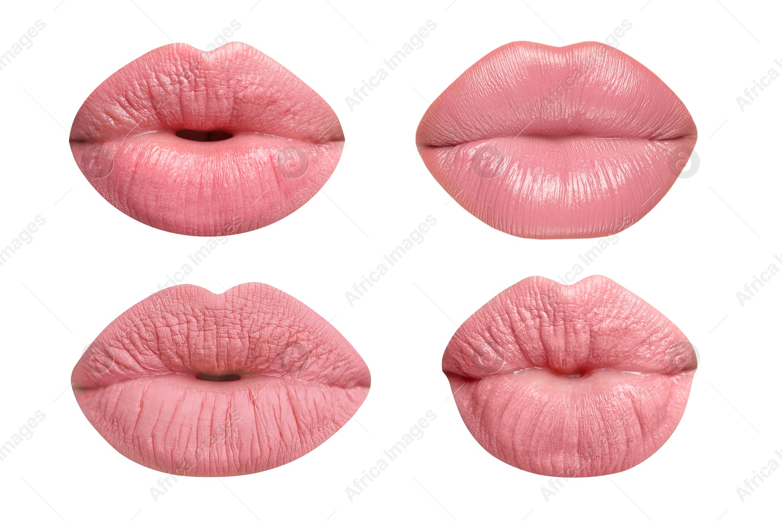 Image of Female lips with pink lipstick isolated on white, collage