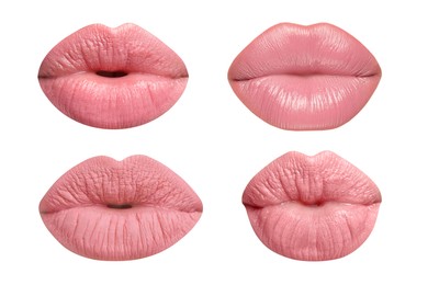 Image of Female lips with pink lipstick isolated on white, collage