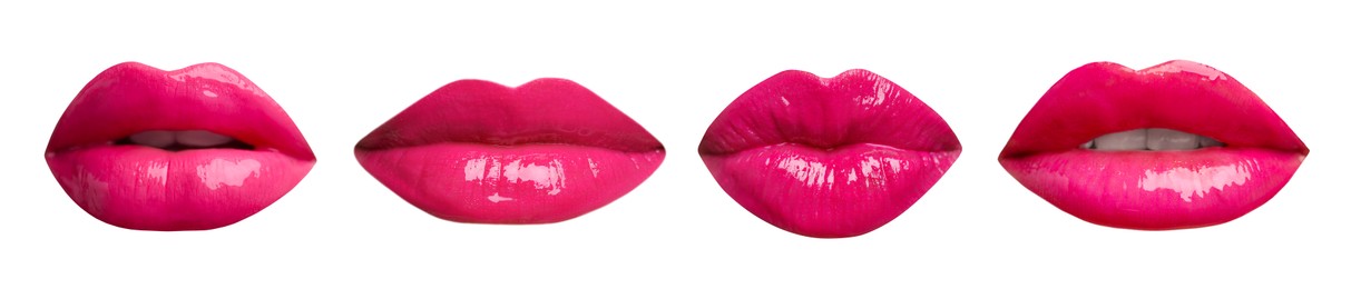Image of Female lips with bright pink lipstick isolated on white, collage