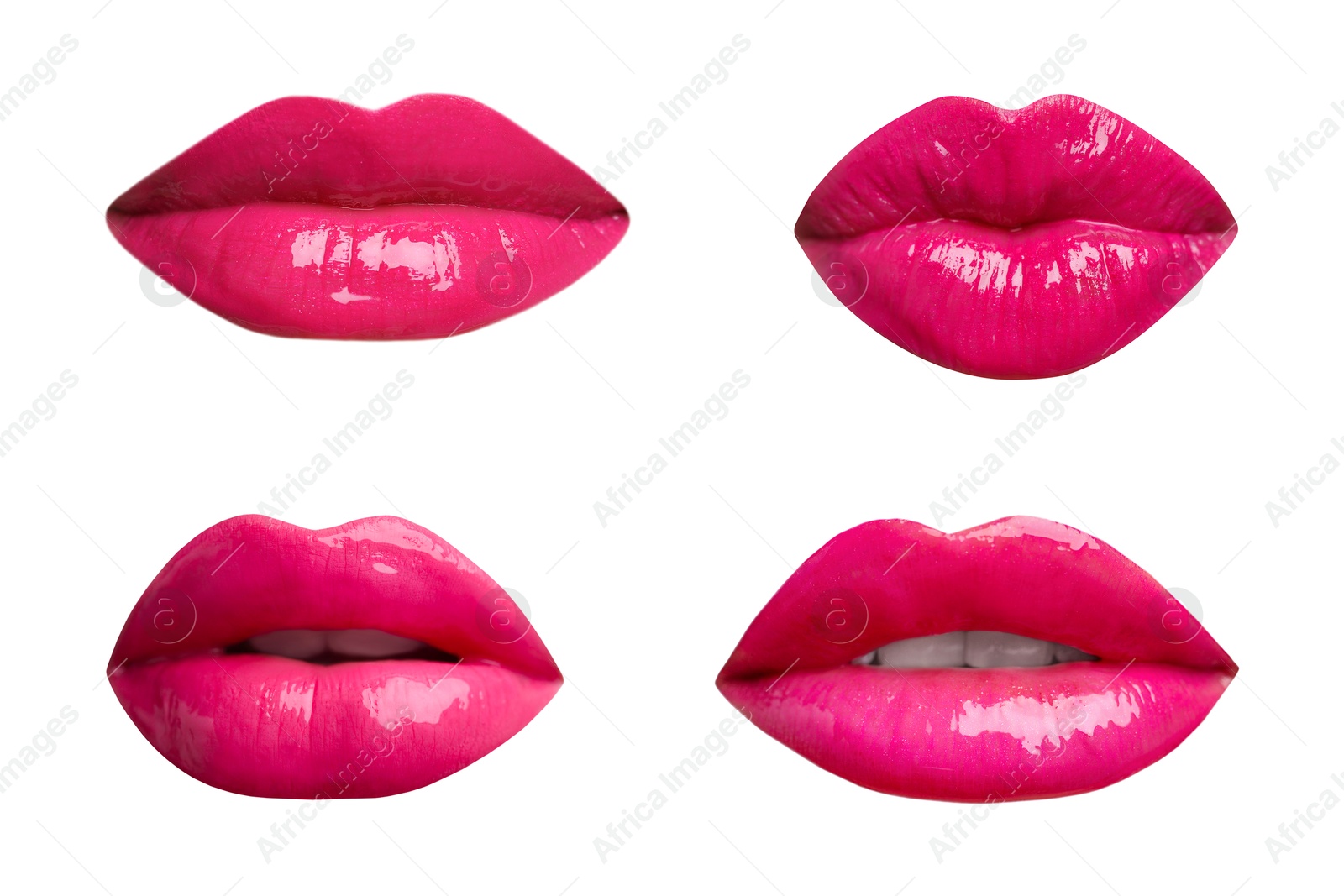 Female lips with bright pink lipstick isolated on white, collage Image of Female lips with bright pink lipstick isolated on white, collage