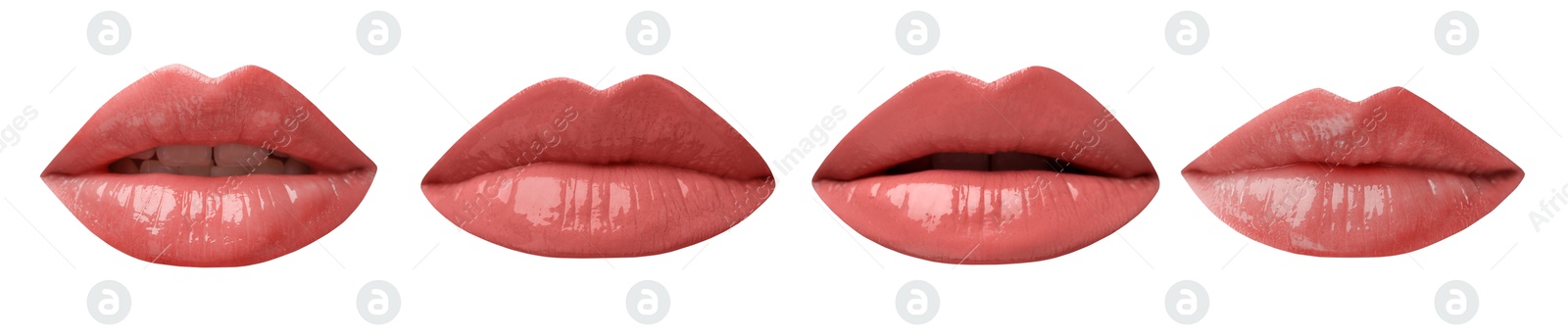Image of Female lips with coral lipsticks on white background, collage