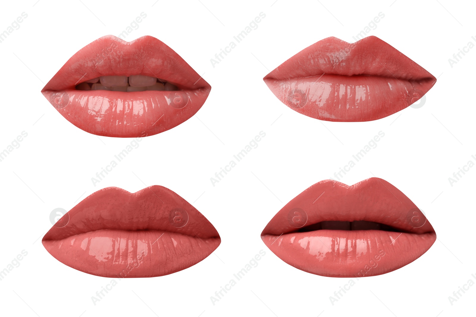 Image of Female lips with coral lipsticks on white background, collage