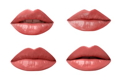 Image of Female lips with coral lipsticks on white background, collage