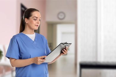 Image of Medical assistant in hospital hall. Healthcare worker