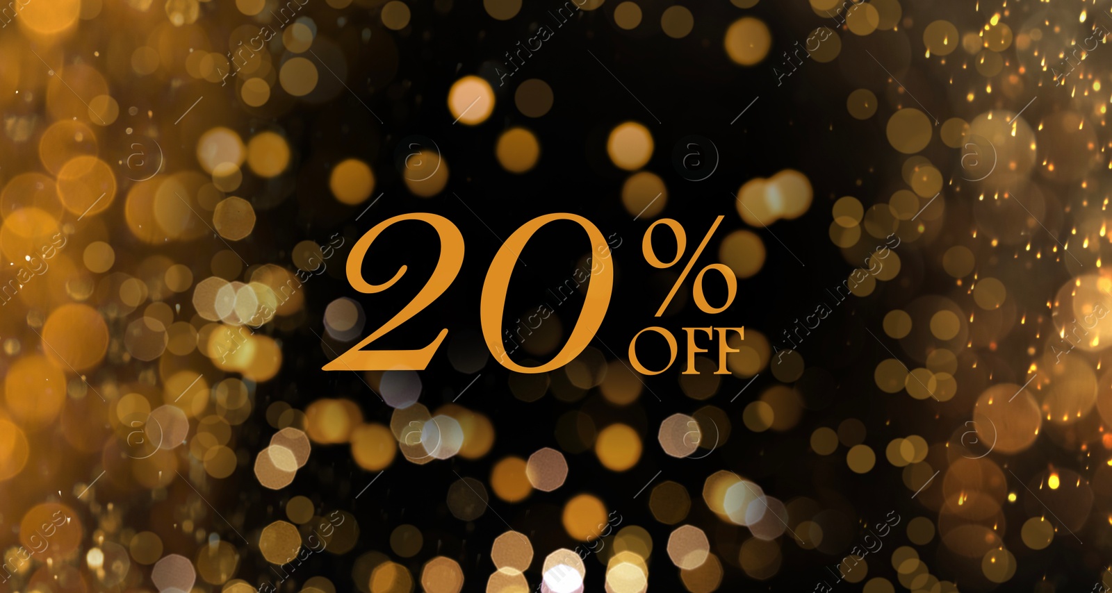 20 percent discount. Flyer design with golden glitter against blurred light on black background Image of 20 percent discount. Flyer design with golden glitter against blurred light on black background