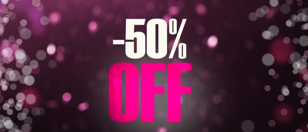 Image of 50 percent discount. Flyer design with bokeh lights on dark background