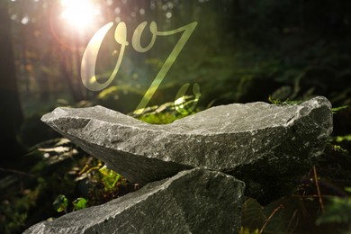 Image of Zero percent commision. Discount flyer design with stones in forest