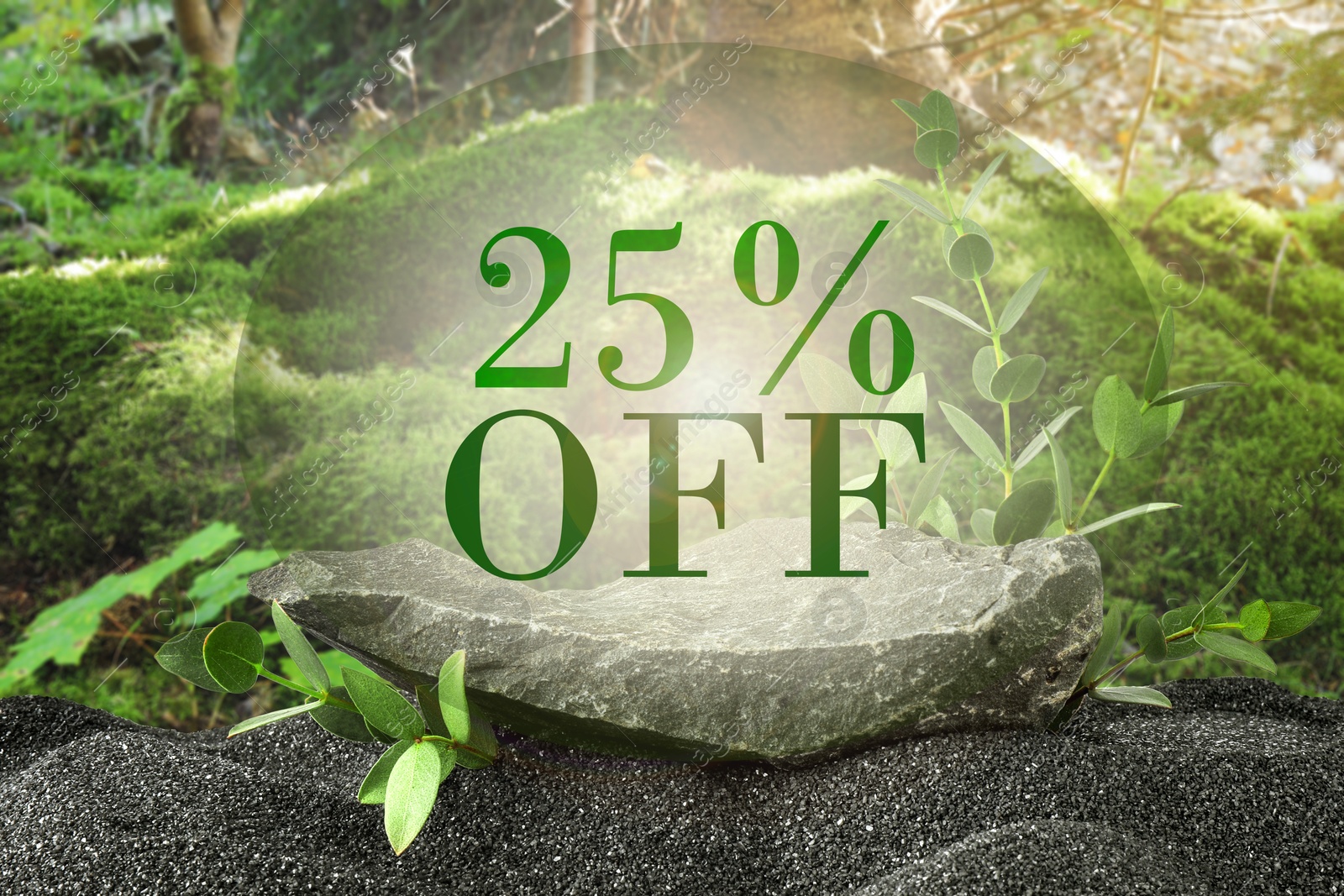 25 percent discount. Flyer design with stone on black sand in forest Image of 25 percent discount. Flyer design with stone on black sand in forest