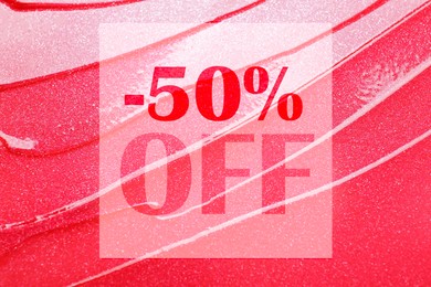 Image of 50 percent discount. Flyer design with pink lip gloss