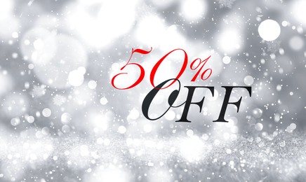 Image of 50 percent discount. Flyer design with sparkling silver glitter and bokeh lights