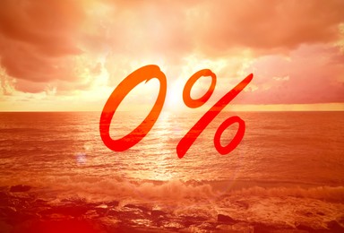 Image of Zero percent commision. Discount flyer design with seascape at sunset