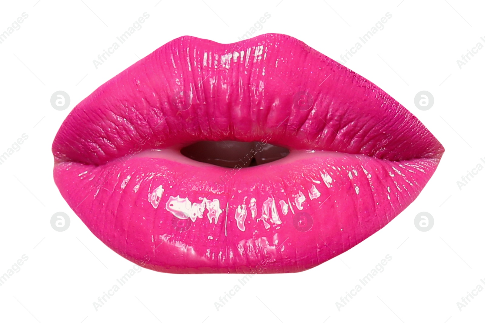 Image of Female lips with bright pink lipstick isolated on white