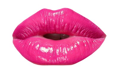 Image of Female lips with bright pink lipstick isolated on white