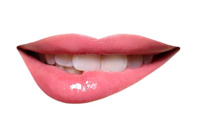 Image of Female lips with pink lipstick isolated on white