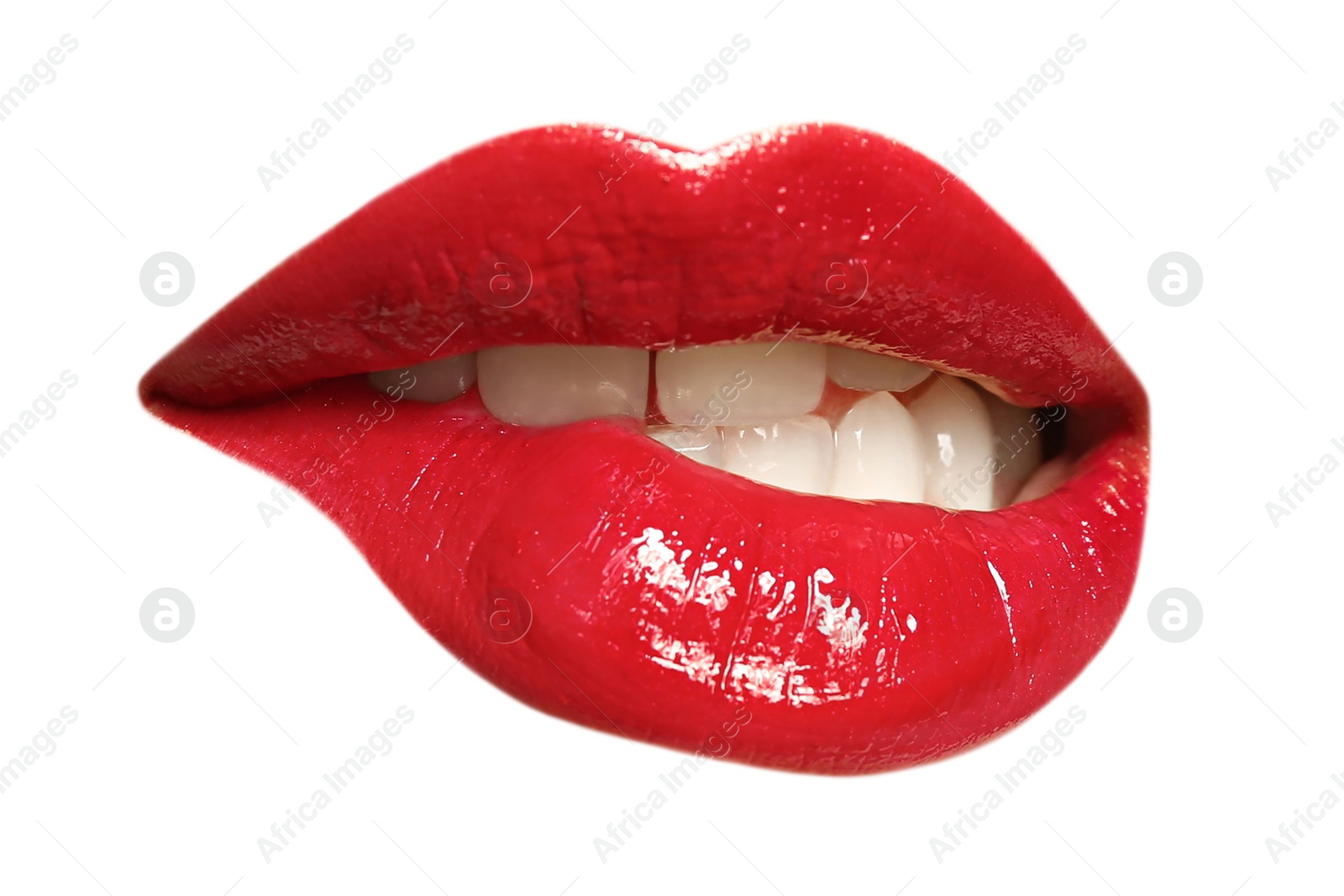 Female lips with red lipstick isolated on white Image of Female lips with red lipstick isolated on white