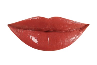 Image of Female lips with coral lipstick isolated on white
