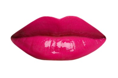 Image of Female lips with bright pink lipstick isolated on white
