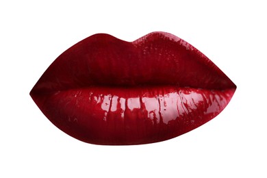 Image of Female lips with dark red lipstick isolated on white
