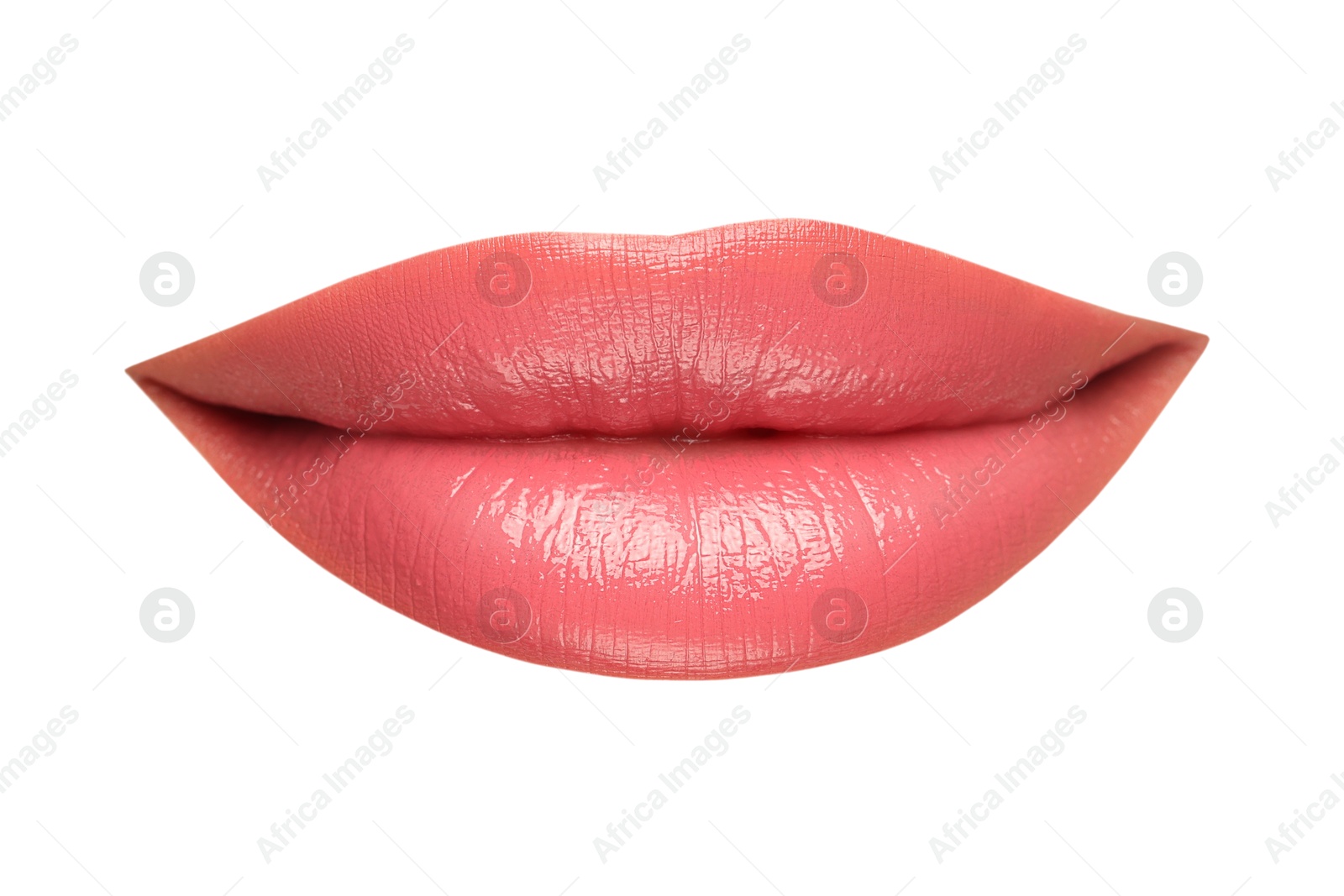 Female lips with pink lipstick isolated on white Image of Female lips with pink lipstick isolated on white