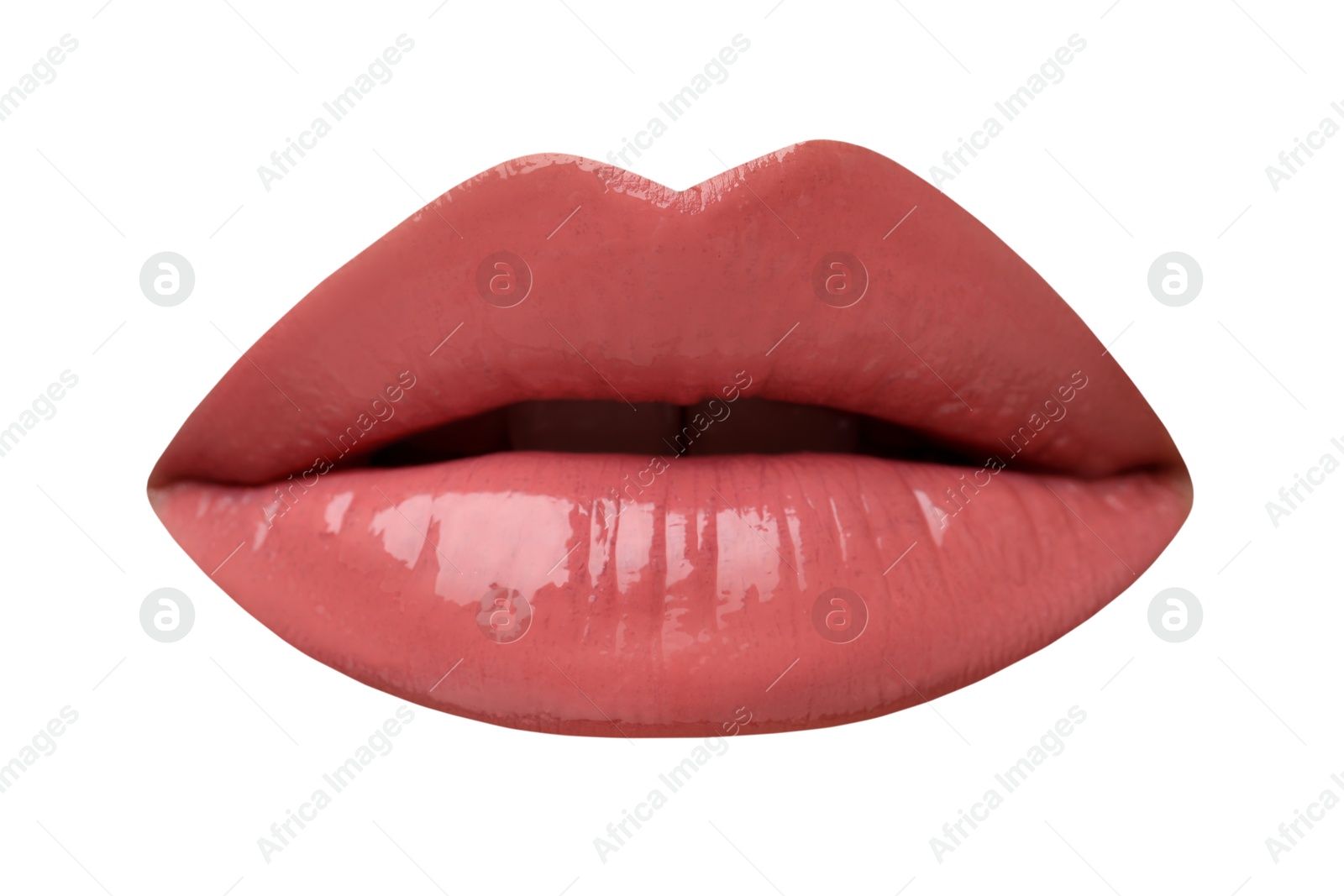 Female lips with coral lipstick isolated on white Image of Female lips with coral lipstick isolated on white