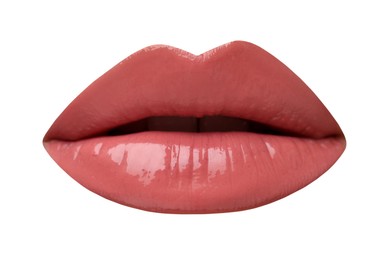 Image of Female lips with coral lipstick isolated on white