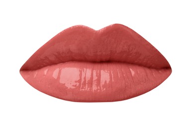 Image of Female lips with coral lipstick isolated on white