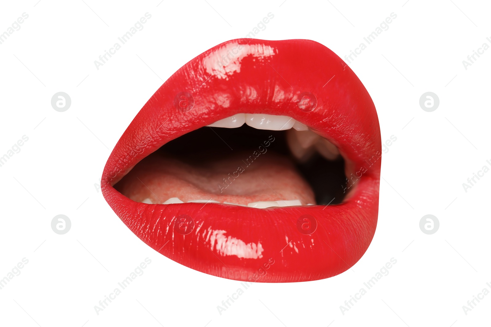Female lips with red lipstick isolated on white Image of Female lips with red lipstick isolated on white