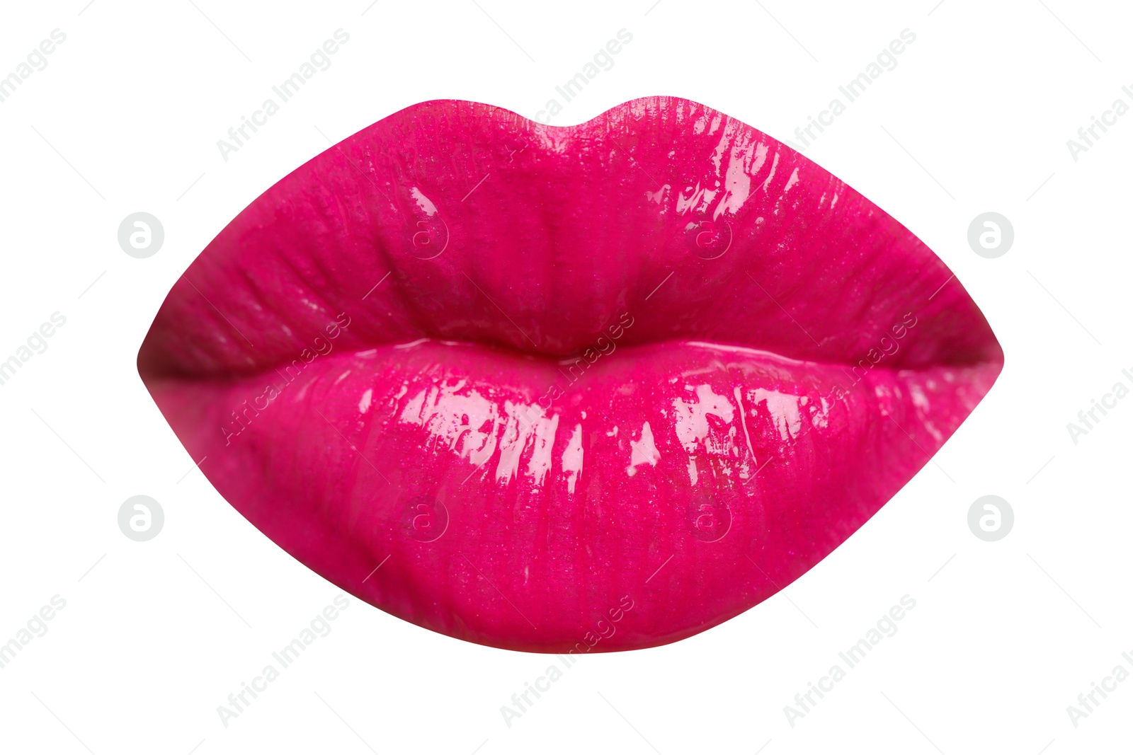Female lips with bright pink lipstick isolated on white Image of Female lips with bright pink lipstick isolated on white