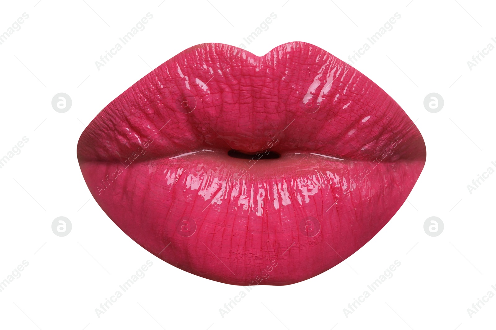 Female lips with bright pink lipstick isolated on white Image of Female lips with bright pink lipstick isolated on white