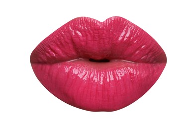 Image of Female lips with bright pink lipstick isolated on white
