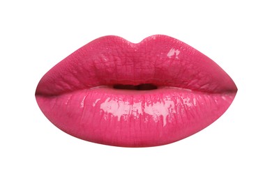 Image of Female lips with bright pink lipstick isolated on white