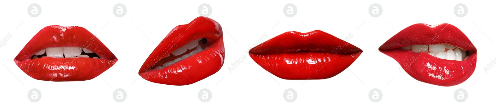 Female lips with red lipstick isolated on white, collage Image of Female lips with red lipstick isolated on white, collage