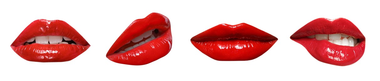 Image of Female lips with red lipstick isolated on white, collage