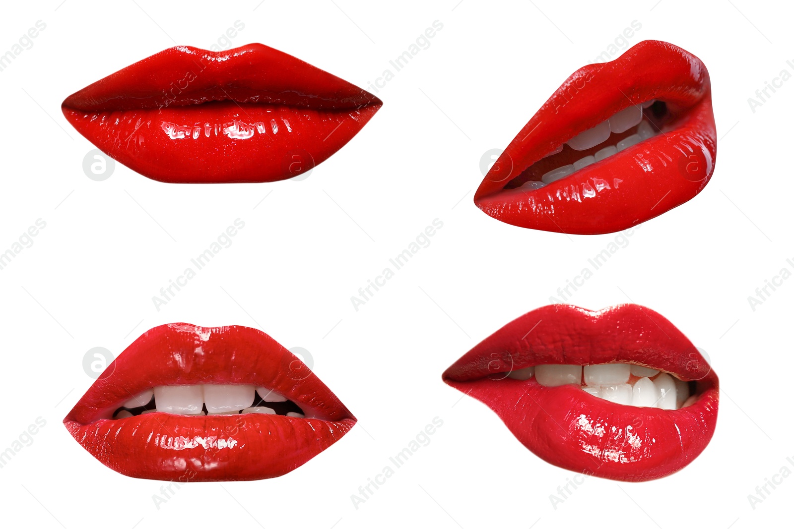 Female lips with red lipstick isolated on white, collage Image of Female lips with red lipstick isolated on white, collage