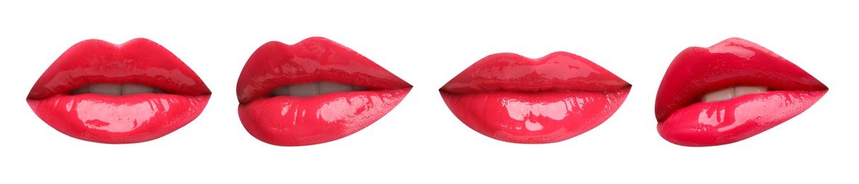 Image of Female lips with red lipstick isolated on white, collage