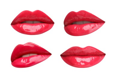 Image of Female lips with red lipstick isolated on white, collage