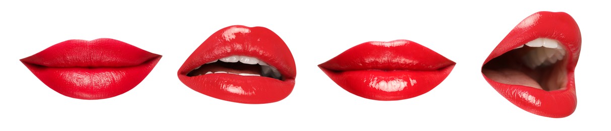 Image of Female lips with red lipstick isolated on white, collage