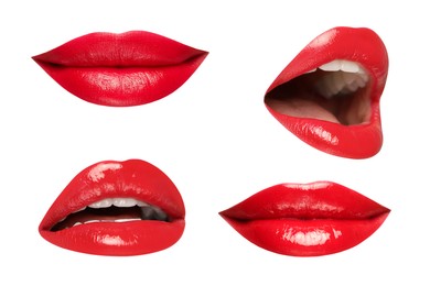 Image of Female lips with red lipstick isolated on white, collage