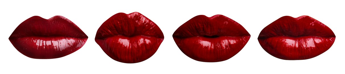 Image of Female lips with dark red lipstick isolated on white, collage