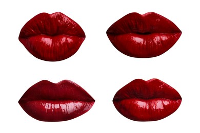 Image of Female lips with dark red lipstick isolated on white, collage
