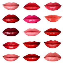 Image of Female lips with lipsticks of different shades on white background, collage