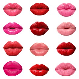 Image of Female lips with lipsticks of different shades on white background, collage