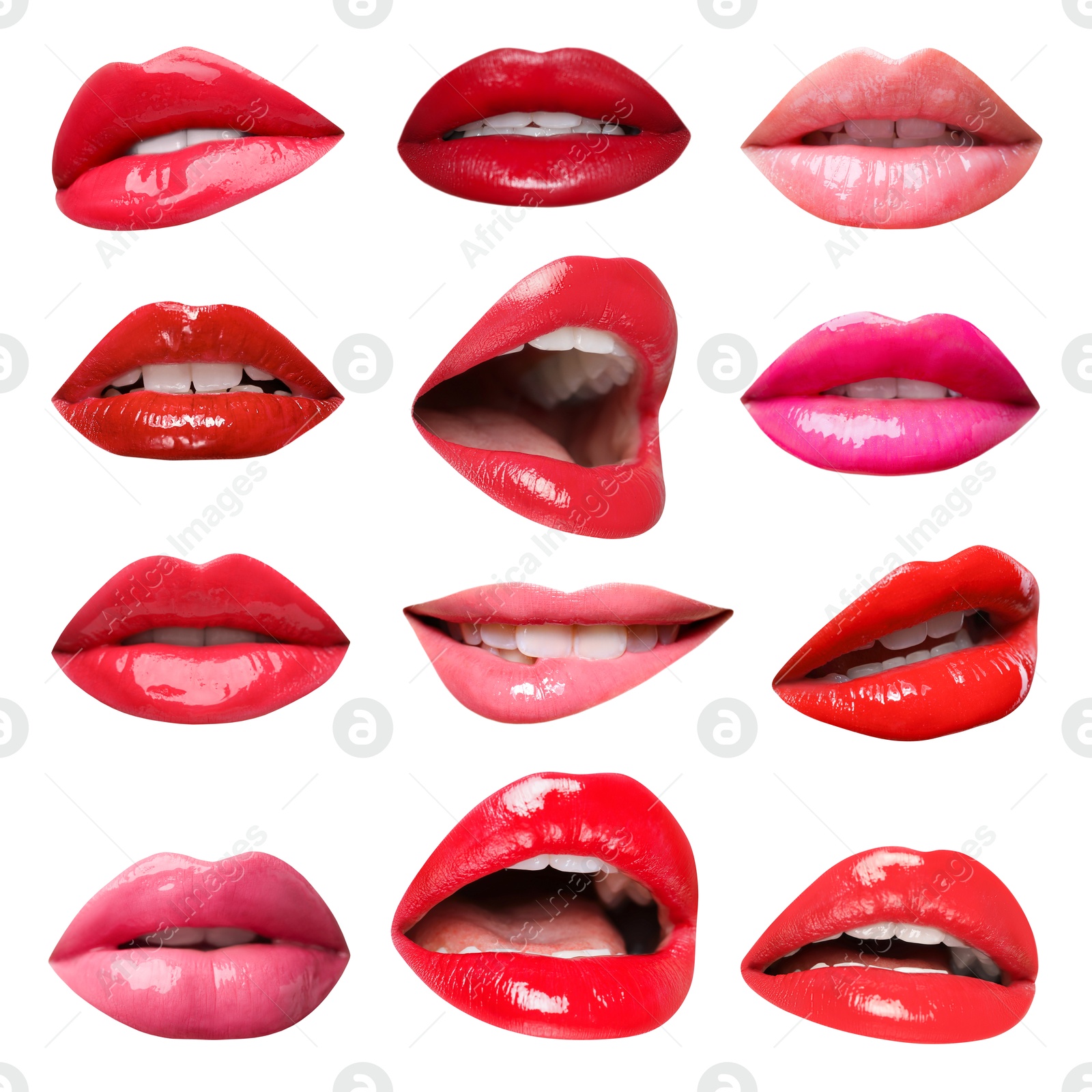 Female lips with lipsticks of different shades on white background, collage Image of Female lips with lipsticks of different shades on white background, collage
